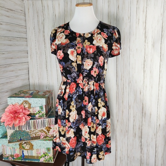 F21 Forever 21 black floral print dress d40 - Picture 1 of 8